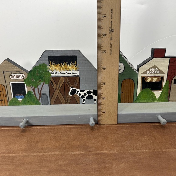 Vintage Handcrafted Wood Country Old Town Village Cow‎ Art Wall Hooks Key Holder - Picture 2 of 6